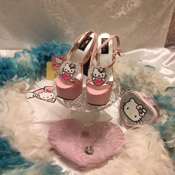 ADORABLE cotton candy pink dream platforms with hello kitty and crystal details! - Picture 8 of 16
